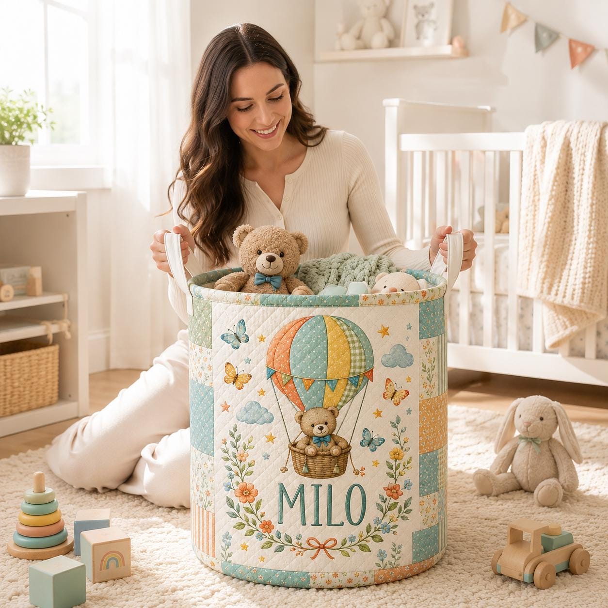 Custom Baby Style Laundry Basket with Personalized Bear Hot Air Balloon Nursery Hamper, Blue Floral Toy Storage and Baby Name Gift - photo 8