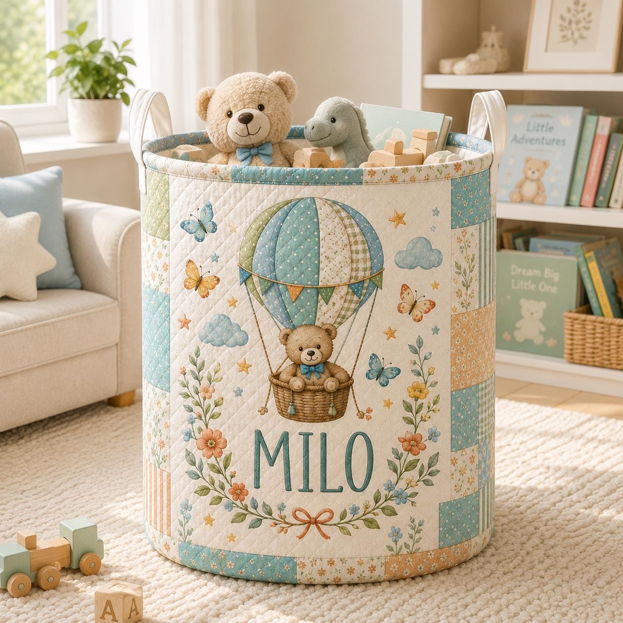 Custom Baby Style Laundry Basket with Personalized Bear Hot Air Balloon Nursery Hamper, Blue Floral Toy Storage and Baby Name Gift - photo 9