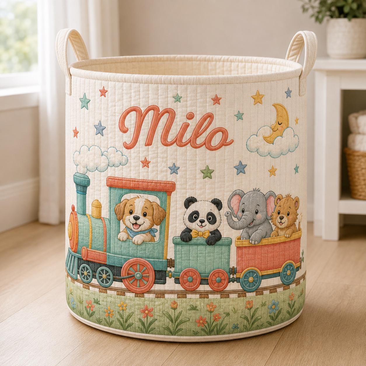 Custom Baby Style Laundry Basket with Safari Animal Train Nursery Hamper, Personalized Name Toy Storage and Baby Shower Gift