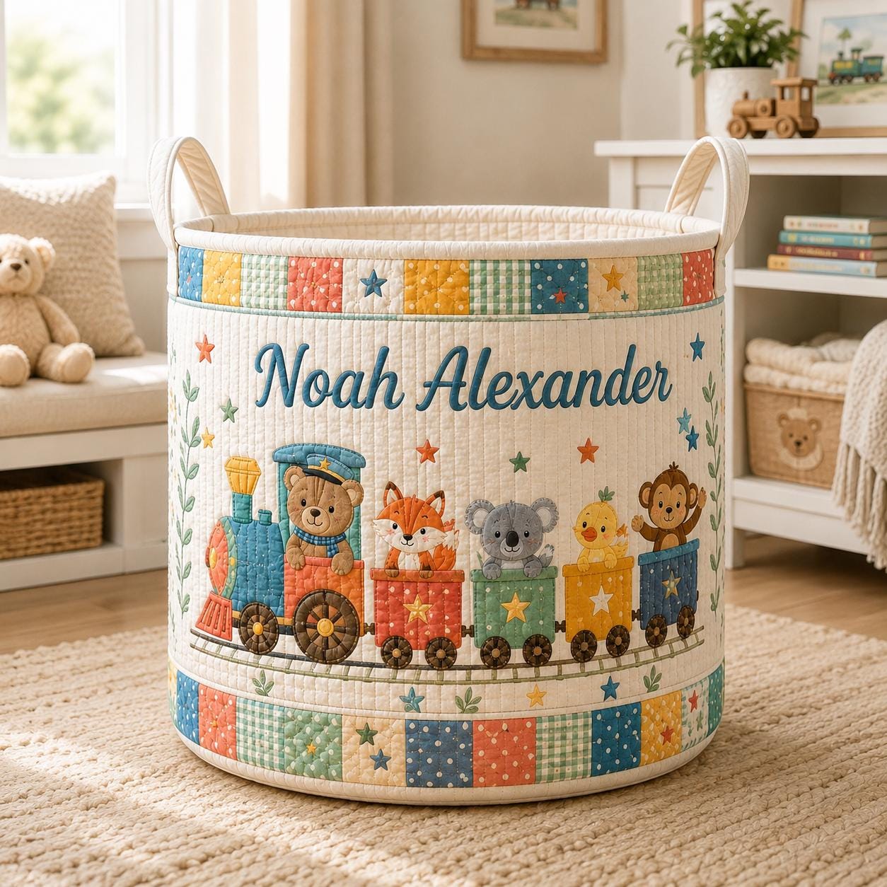 Custom Baby Style Laundry Basket with Safari Animal Train Nursery Hamper, Personalized Name Toy Storage and Baby Shower Gift - photo 2