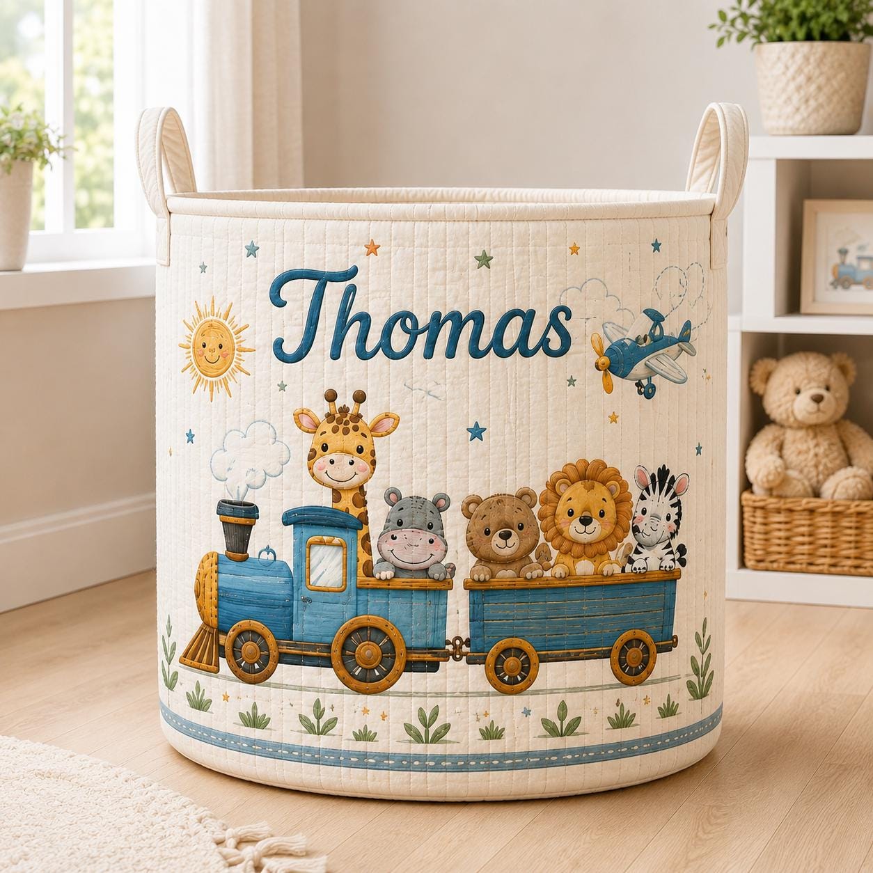 Custom Baby Style Laundry Basket with Safari Animal Train Nursery Hamper, Personalized Name Toy Storage and Baby Shower Gift - photo 3