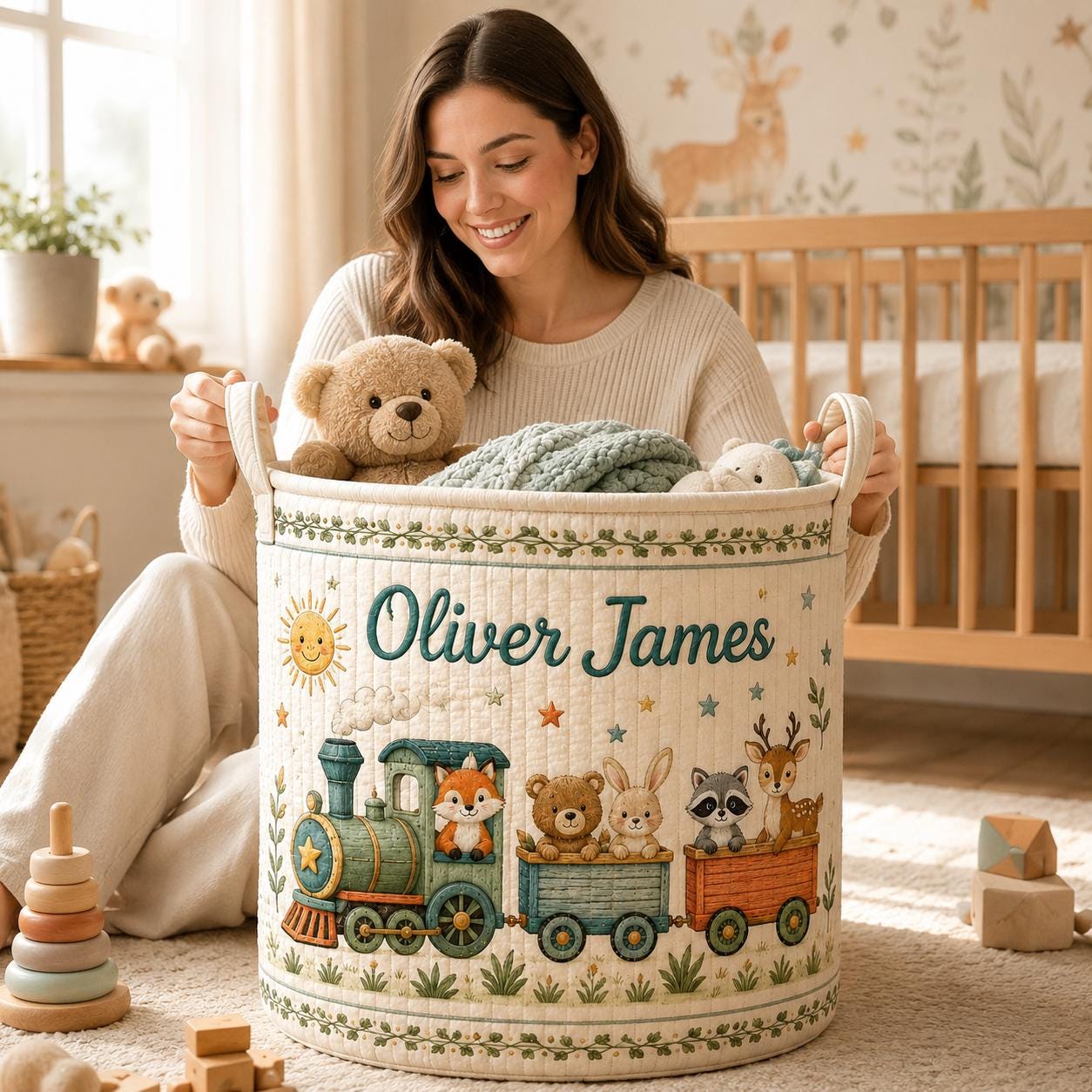 Custom Baby Style Laundry Basket with Safari Animal Train Nursery Hamper, Personalized Name Toy Storage and Baby Shower Gift - photo 5