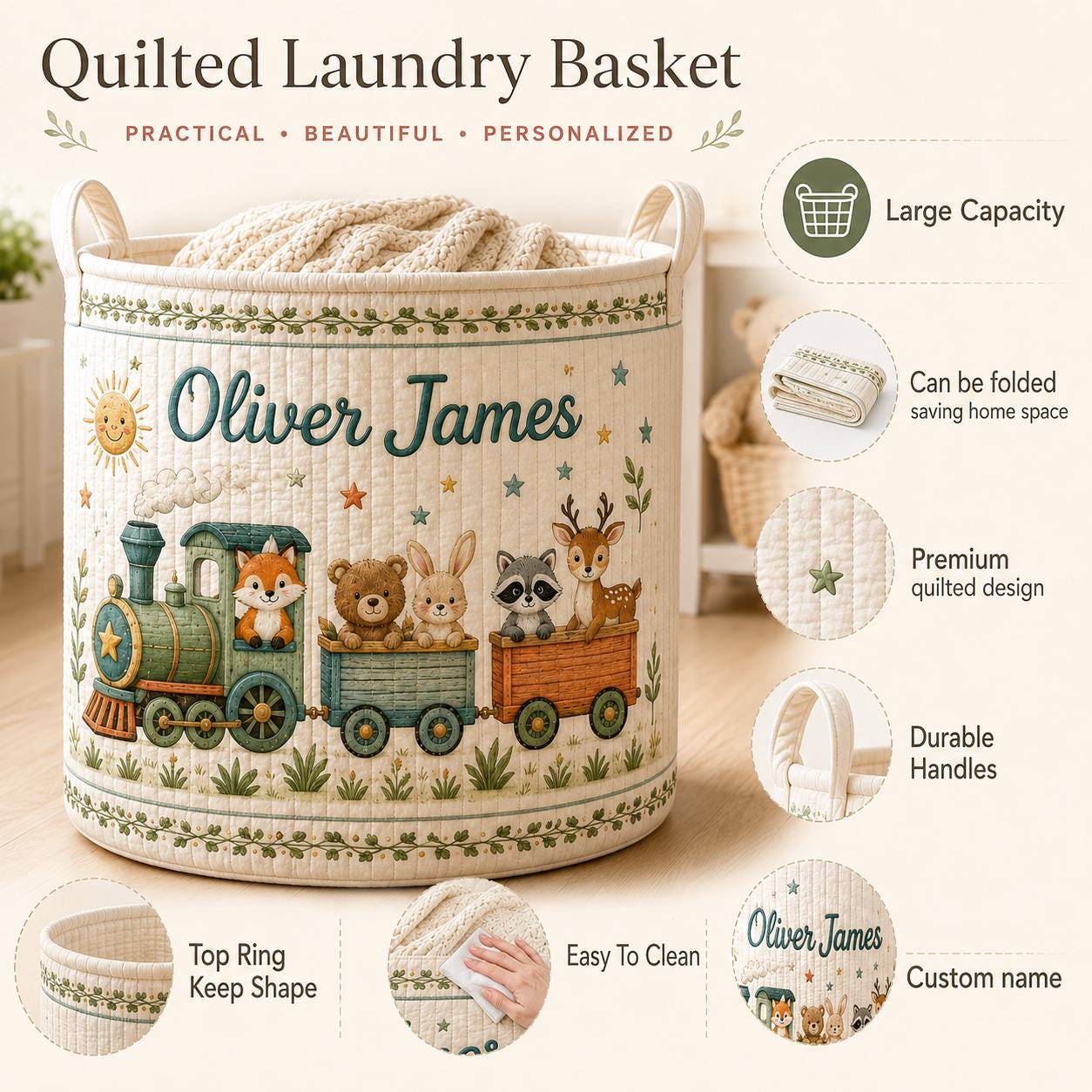 Custom Baby Style Laundry Basket with Safari Animal Train Nursery Hamper, Personalized Name Toy Storage and Baby Shower Gift - photo 7