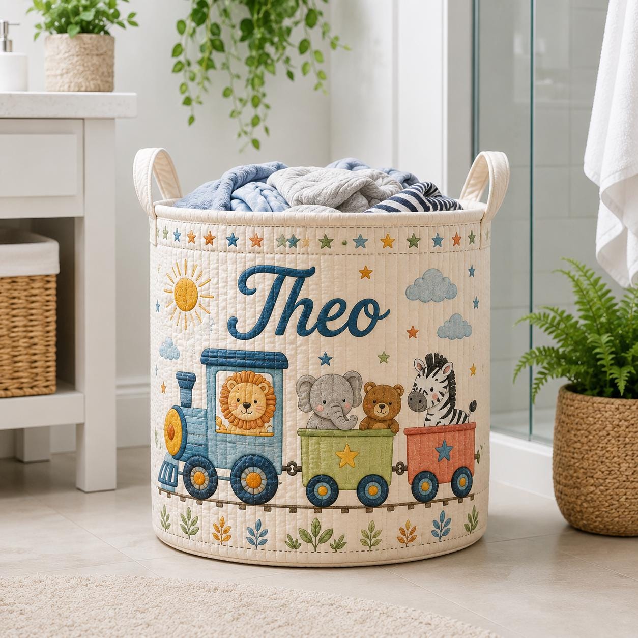 Custom Baby Style Laundry Basket with Safari Animal Train Nursery Hamper, Personalized Name Toy Storage and Baby Shower Gift - photo 8