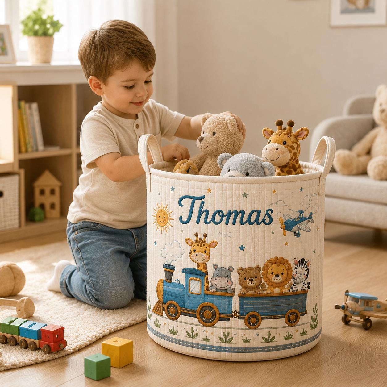 Custom Baby Style Laundry Basket with Safari Animal Train Nursery Hamper, Personalized Name Toy Storage and Baby Shower Gift - photo 9