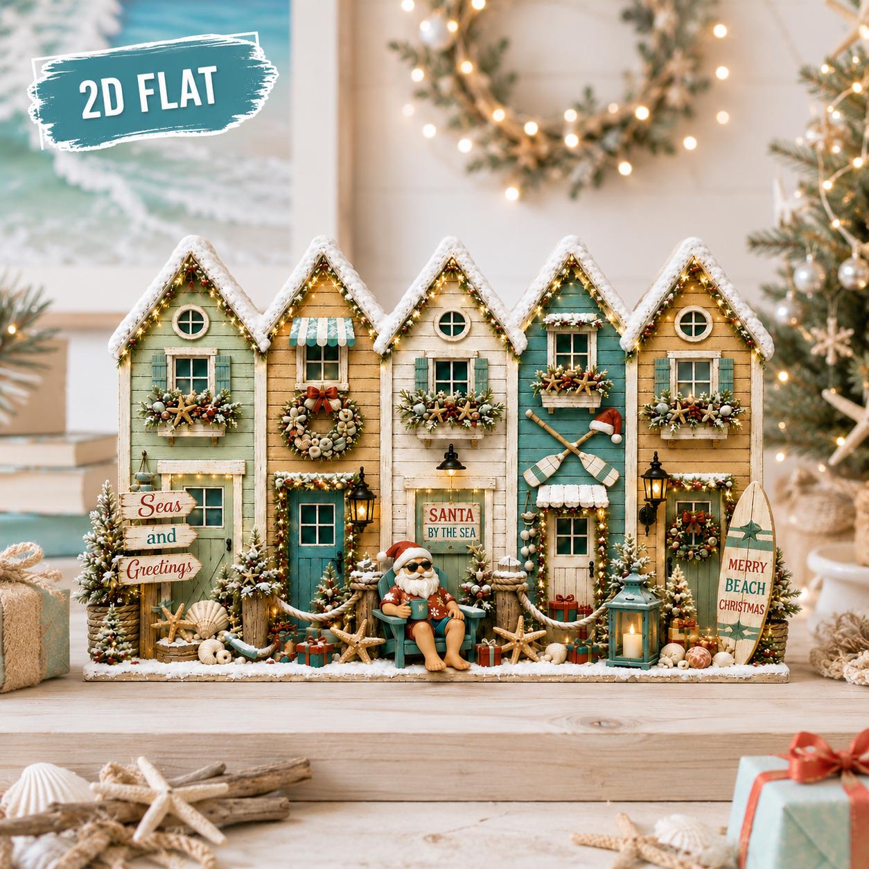 Coastal Christmas Village Wooden Decor with Santa by the Sea Beach House Shelf Sitter and Nautical Holiday Display