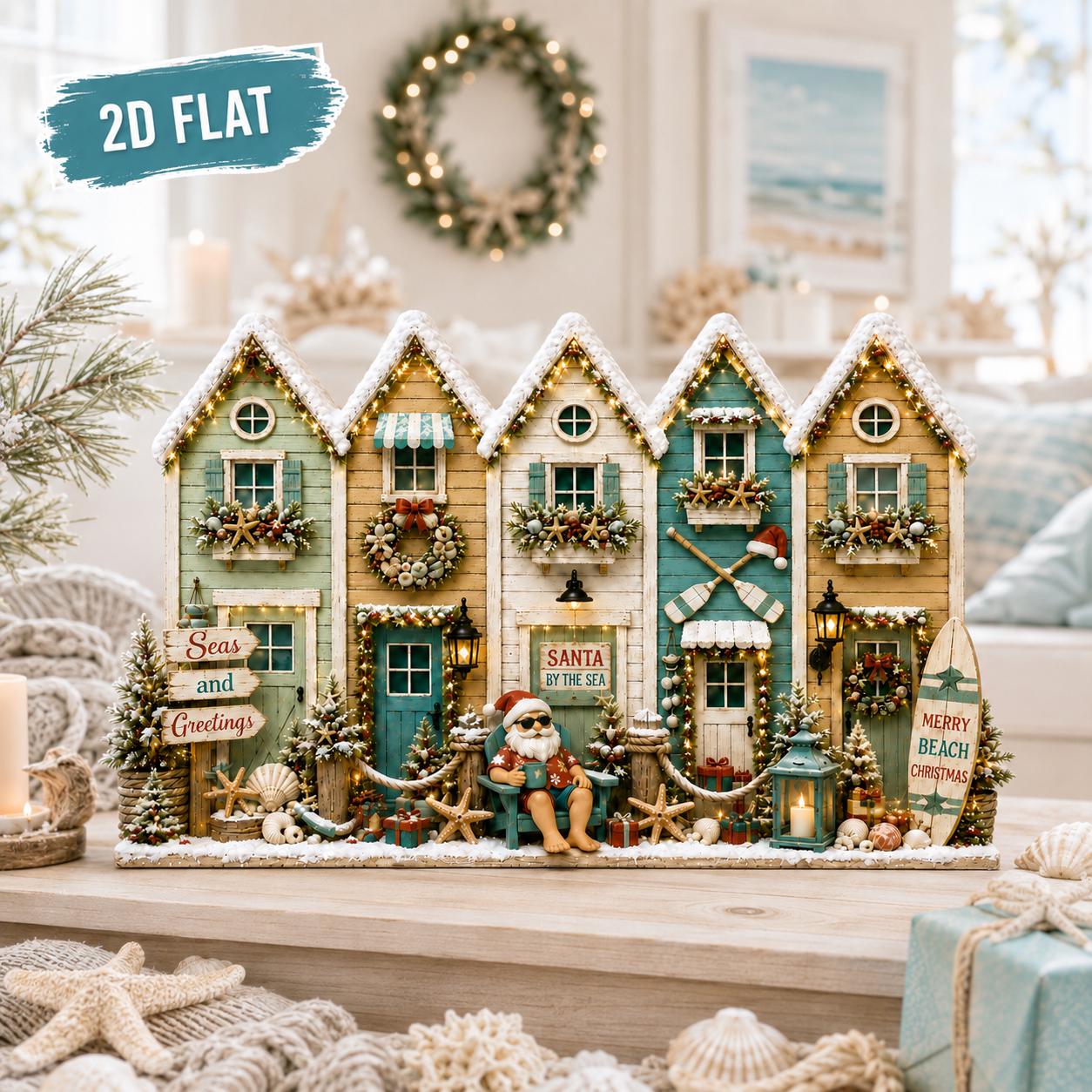Coastal Christmas Village Wooden Decor with Santa by the Sea Beach House Shelf Sitter and Nautical Holiday Display - photo 2