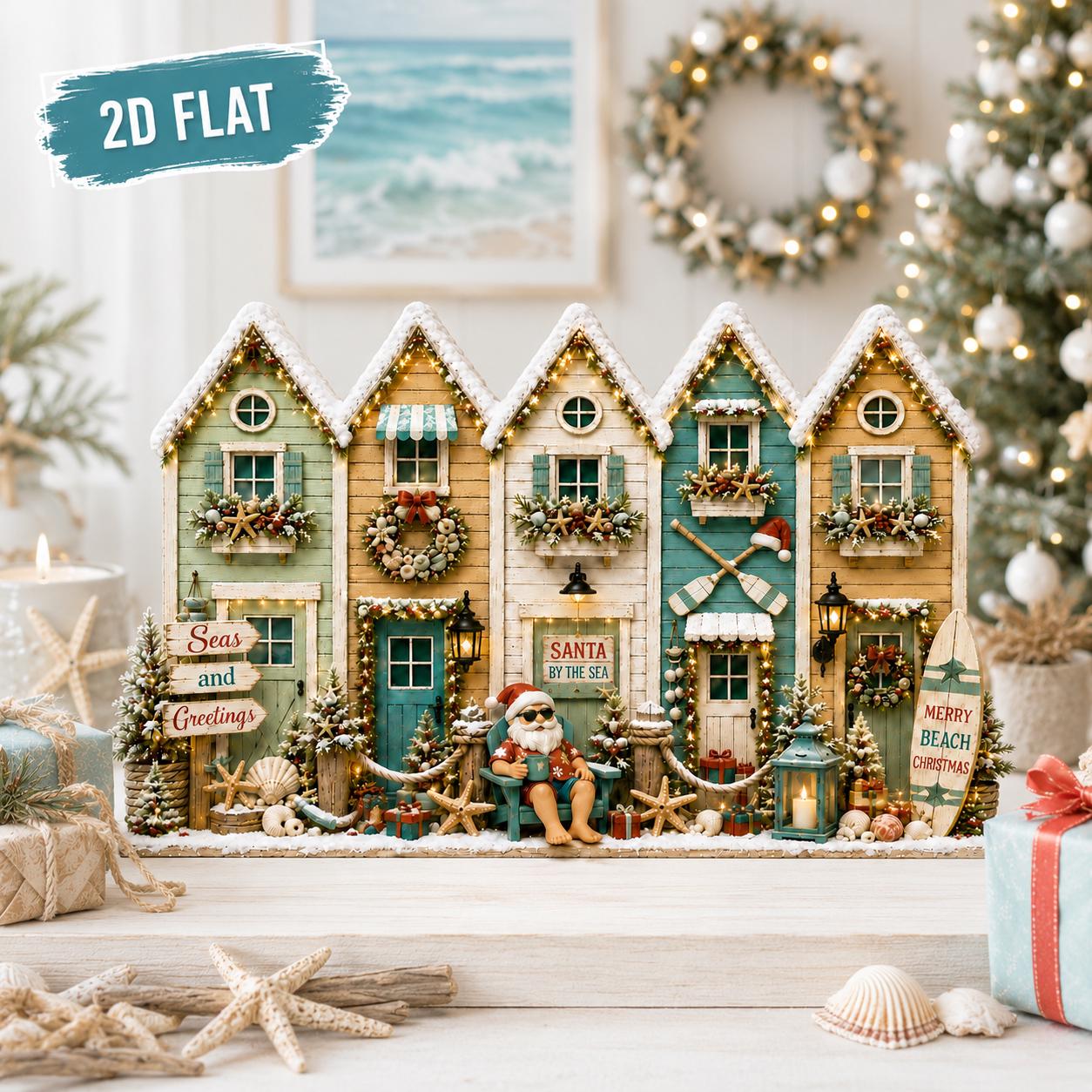 Coastal Christmas Village Wooden Decor with Santa by the Sea Beach House Shelf Sitter and Nautical Holiday Display - photo 4