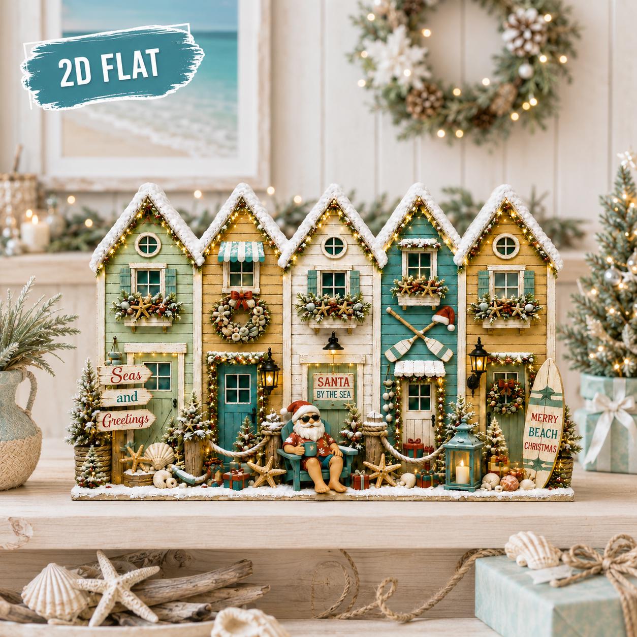 Coastal Christmas Village Wooden Decor with Santa by the Sea Beach House Shelf Sitter and Nautical Holiday Display - photo 5