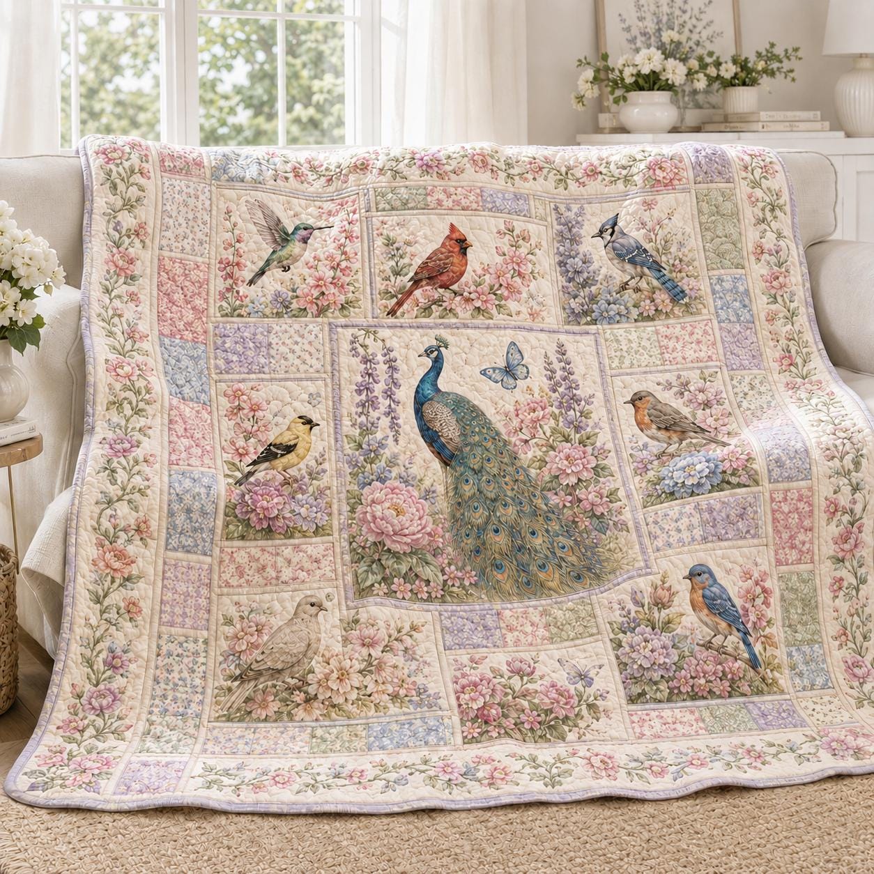 Floral Birds Quilted Style Blanket with Peacock Garden Bedding and Hummingbird Cardinal Blue Jay Quilt for Cottagecore Wildflower Decor Mom Grandma