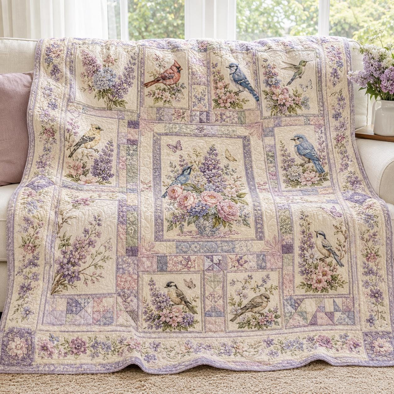 Floral Birds Quilted Style Blanket with Peacock Garden Bedding and Hummingbird Cardinal Blue Jay Quilt for Cottagecore Wildflower Decor Mom Grandma - photo 2