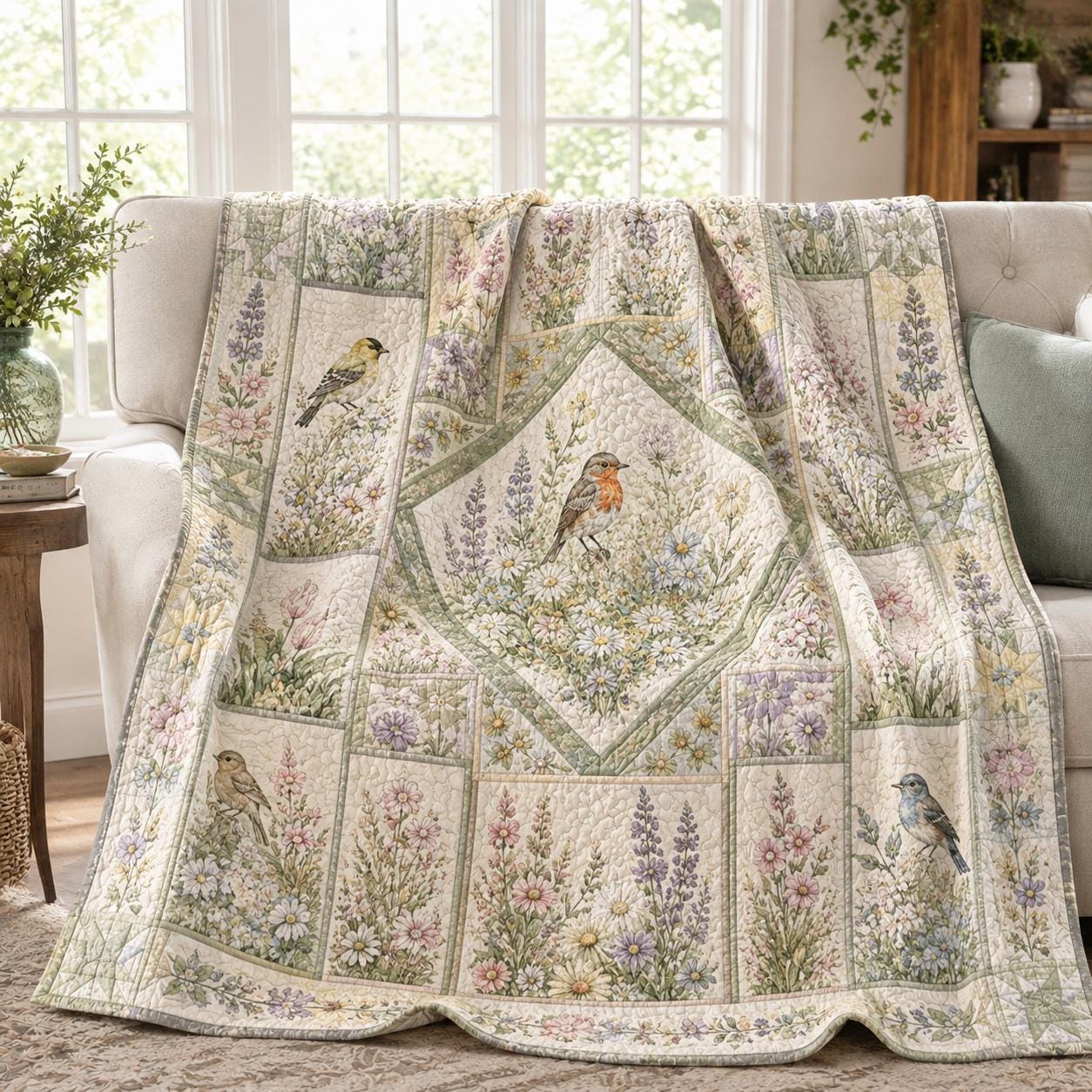 Floral Birds Quilted Style Blanket with Peacock Garden Bedding and Hummingbird Cardinal Blue Jay Quilt for Cottagecore Wildflower Decor Mom Grandma - photo 3