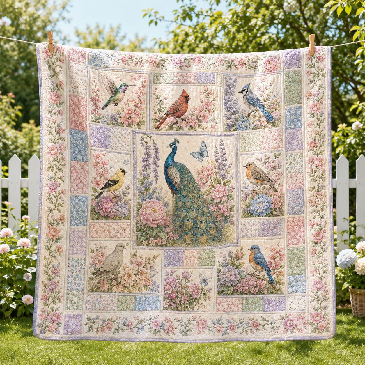 Floral Birds Quilted Style Blanket with Peacock Garden Bedding and Hummingbird Cardinal Blue Jay Quilt for Cottagecore Wildflower Decor Mom Grandma - photo 7