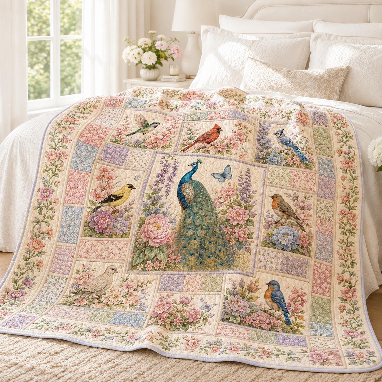 Floral Birds Quilted Style Blanket with Peacock Garden Bedding and Hummingbird Cardinal Blue Jay Quilt for Cottagecore Wildflower Decor Mom Grandma - photo 8