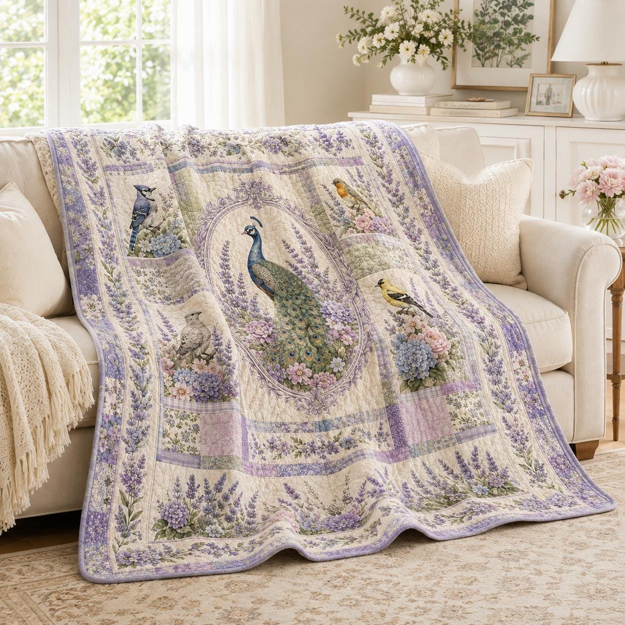 Floral Birds Quilted Style Blanket with Peacock Garden Bedding and Hummingbird Cardinal Blue Jay Quilt for Cottagecore Wildflower Decor Mom Grandma - photo 9