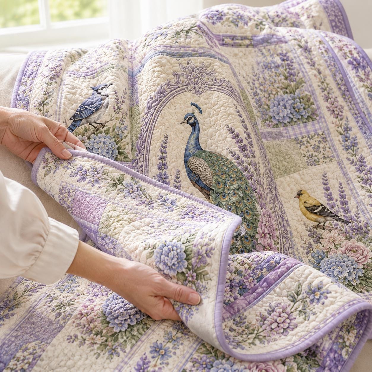 Floral Birds Quilted Style Blanket with Peacock Garden Bedding and Hummingbird Cardinal Blue Jay Quilt for Cottagecore Wildflower Decor Mom Grandma - photo 10