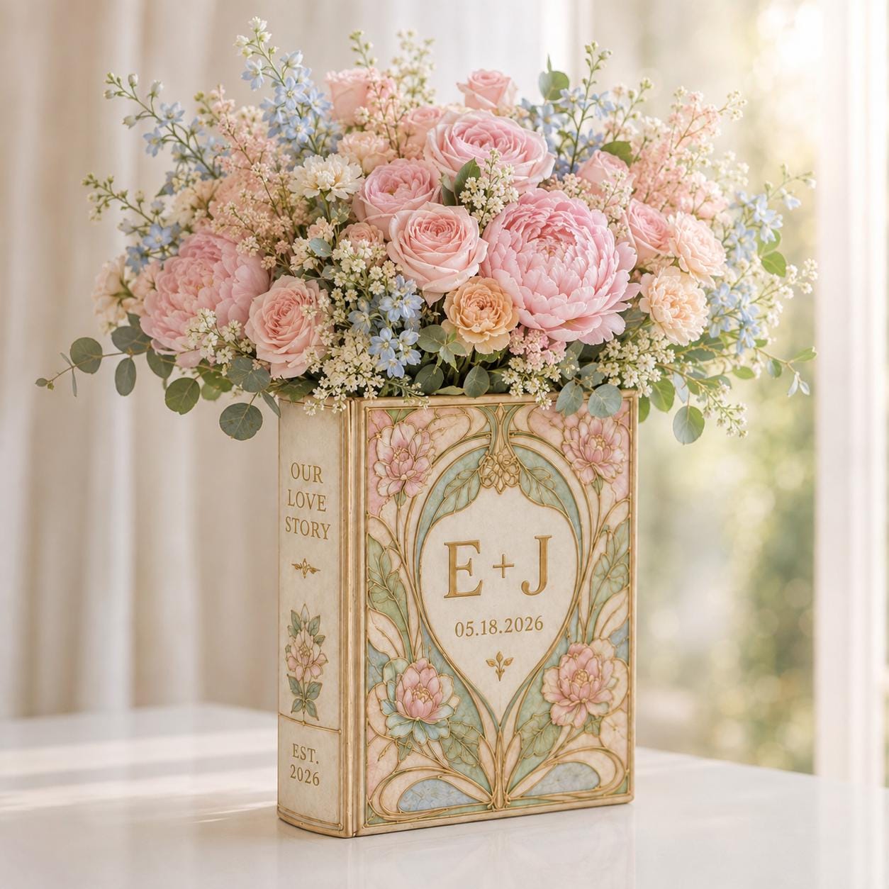 Personalized Wedding Book Vase with Custom Couple Initial Ceramic Vase and Floral Art Nouveau Bridal Shower Gift for Wedding Keepsake Decor