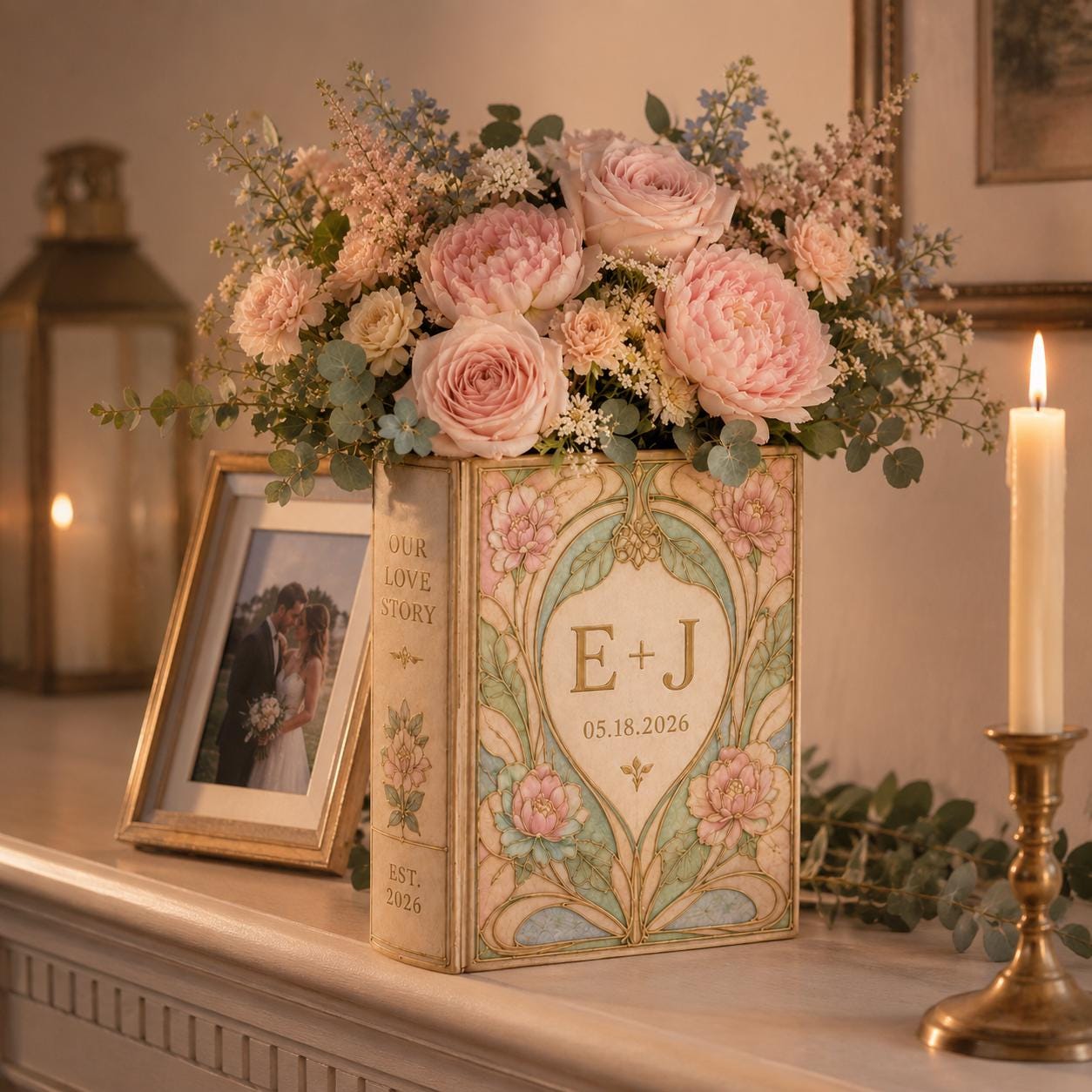 Personalized Wedding Book Vase with Custom Couple Initial Ceramic Vase and Floral Art Nouveau Bridal Shower Gift for Wedding Keepsake Decor - photo 7
