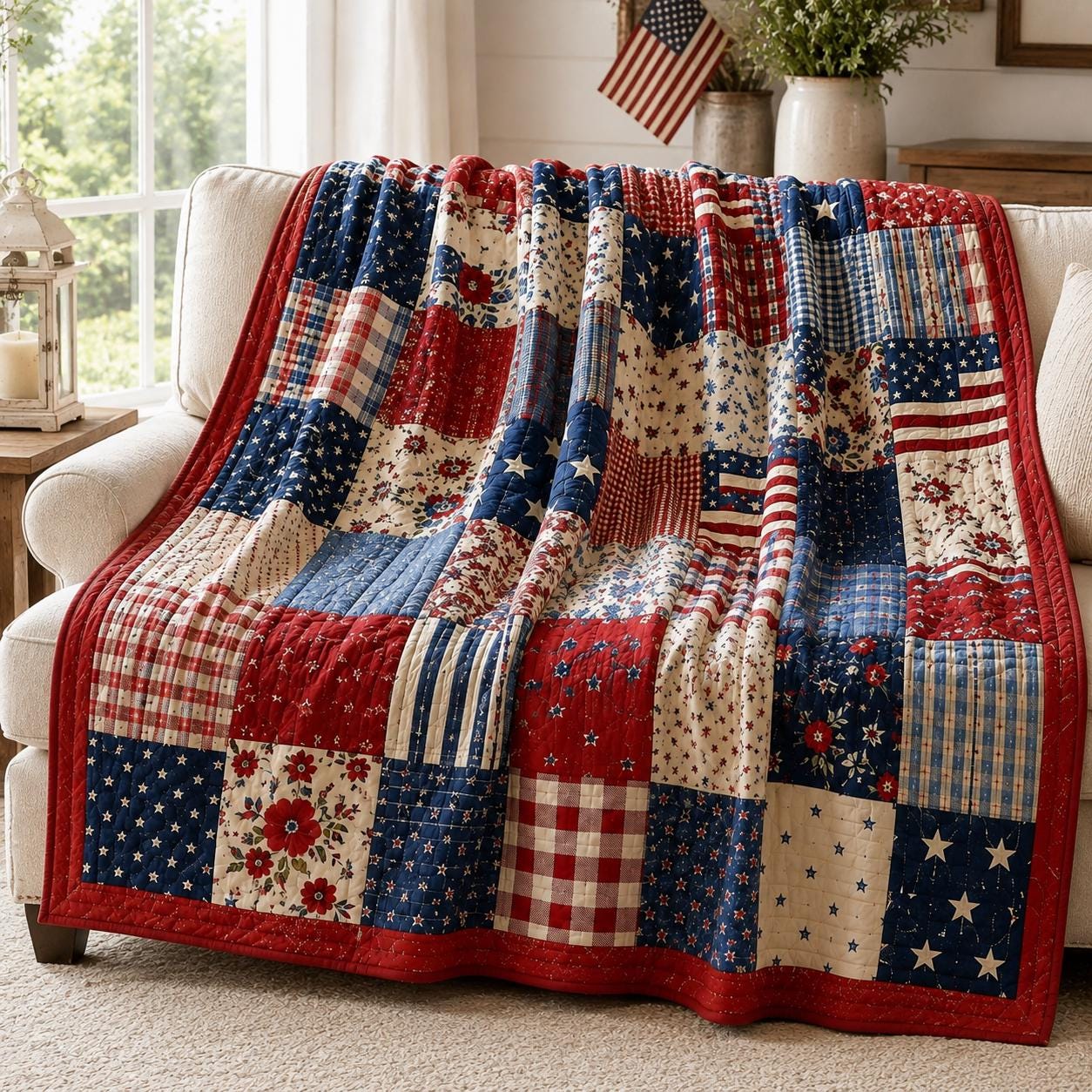 Patriotic Patchwork Quilt Style Blanket with Vintage Americana Cozy Throw and Red White Blue Farmhouse Bedding Decor for Fourth of July Gift for Home