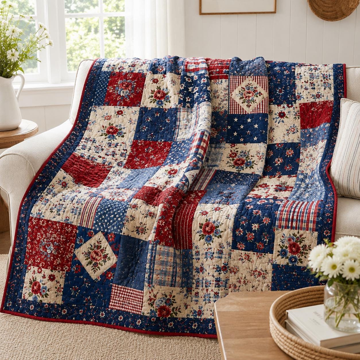 Patriotic Patchwork Quilt Style Blanket with Vintage Americana Cozy Throw and Red White Blue Farmhouse Bedding Decor for Fourth of July Gift for Home - photo 2