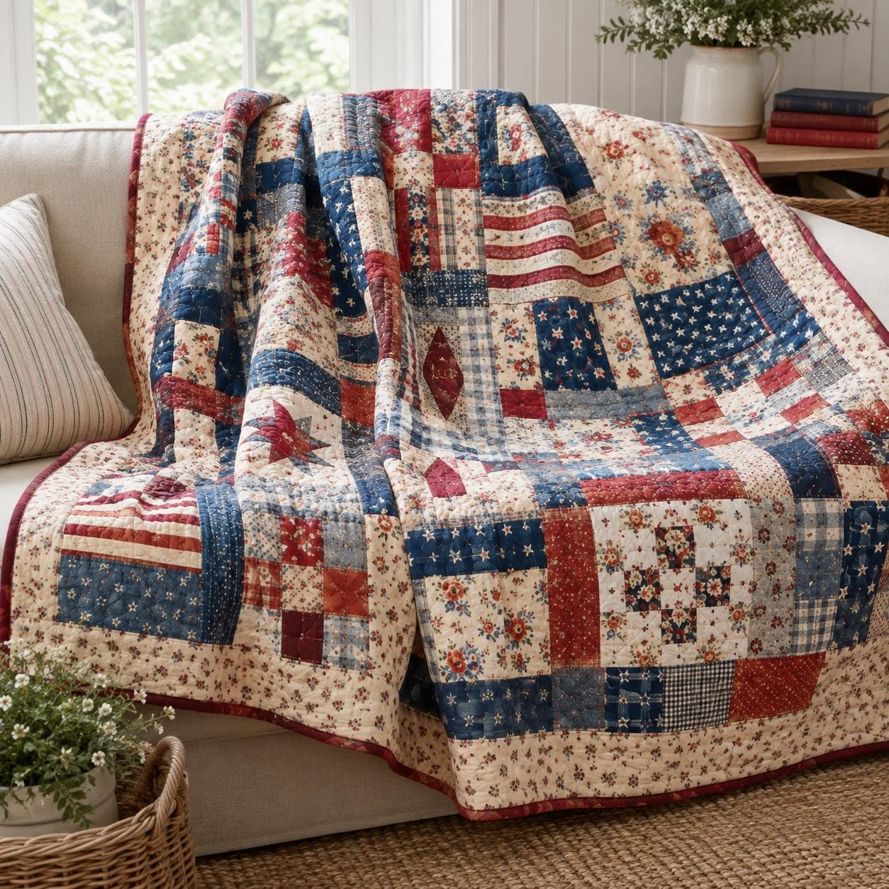 Patriotic Patchwork Quilt Style Blanket with Vintage Americana Cozy Throw and Red White Blue Farmhouse Bedding Decor for Fourth of July Gift for Home - photo 3