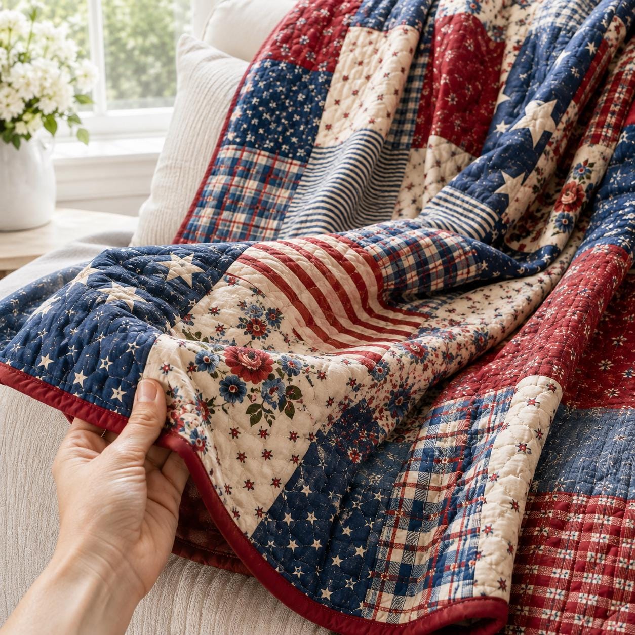 Patriotic Patchwork Quilt Style Blanket with Vintage Americana Cozy Throw and Red White Blue Farmhouse Bedding Decor for Fourth of July Gift for Home - photo 6