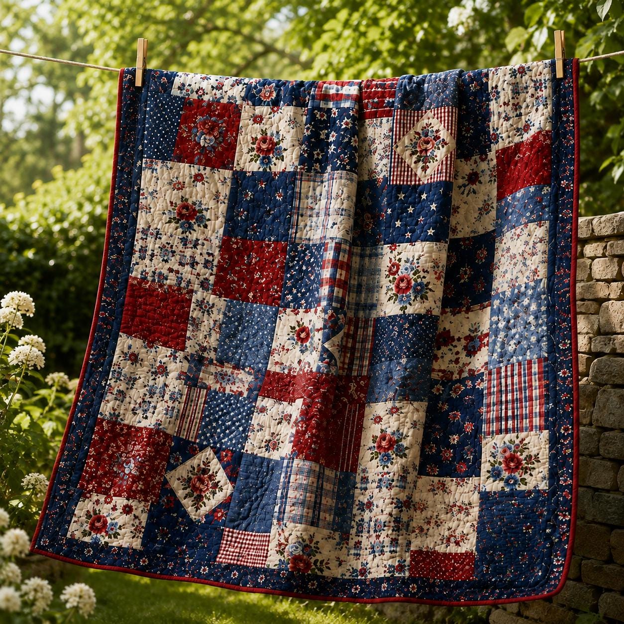 Patriotic Patchwork Quilt Style Blanket with Vintage Americana Cozy Throw and Red White Blue Farmhouse Bedding Decor for Fourth of July Gift for Home - photo 7