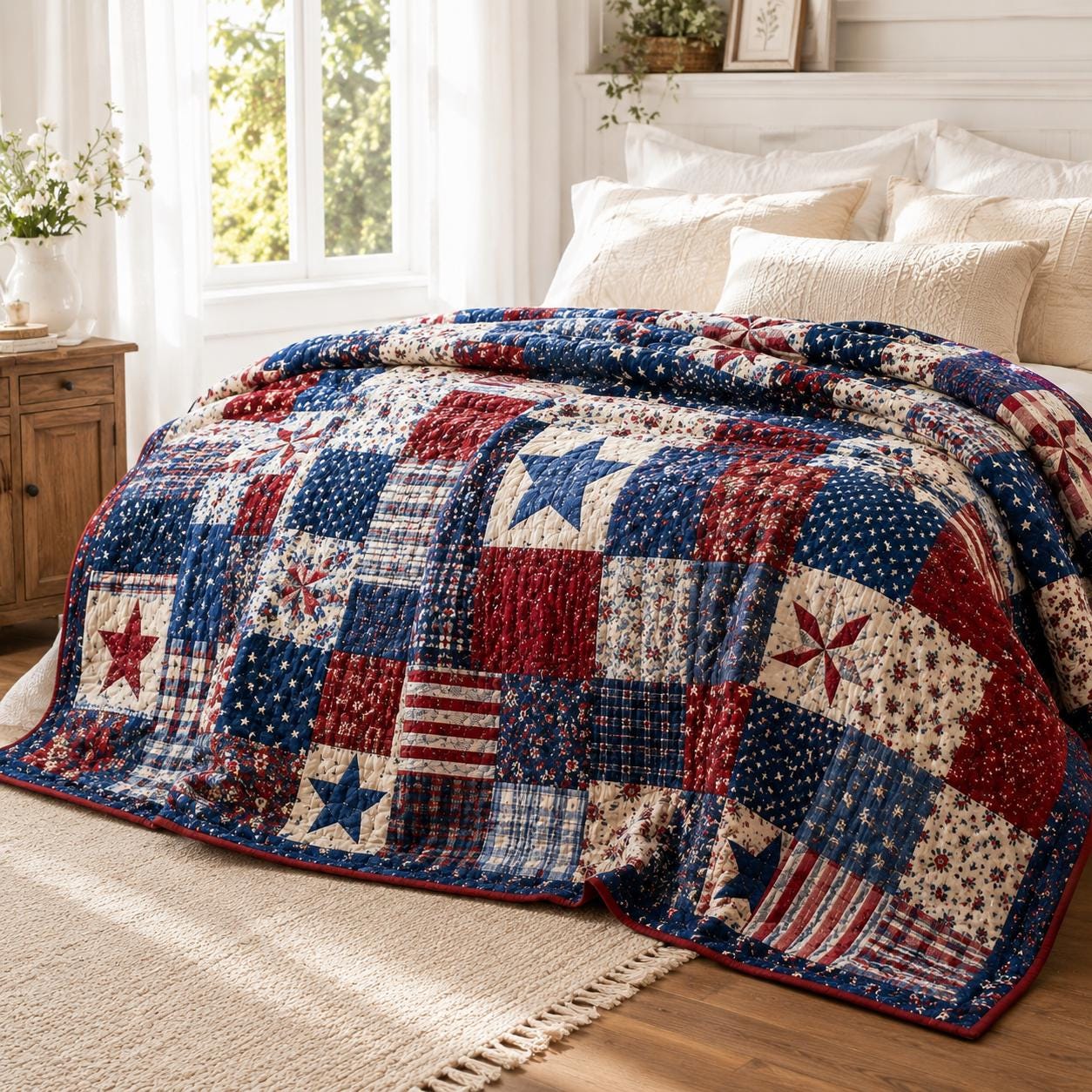 Patriotic Patchwork Quilt Style Blanket with Vintage Americana Cozy Throw and Red White Blue Farmhouse Bedding Decor for Fourth of July Gift for Home - photo 8