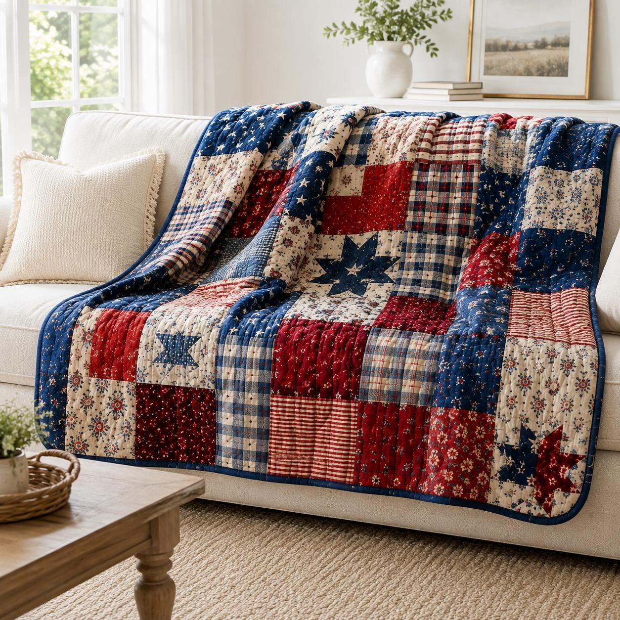 Patriotic Patchwork Quilt Style Blanket with Vintage Americana Cozy Throw and Red White Blue Farmhouse Bedding Decor for Fourth of July Gift for Home - photo 9