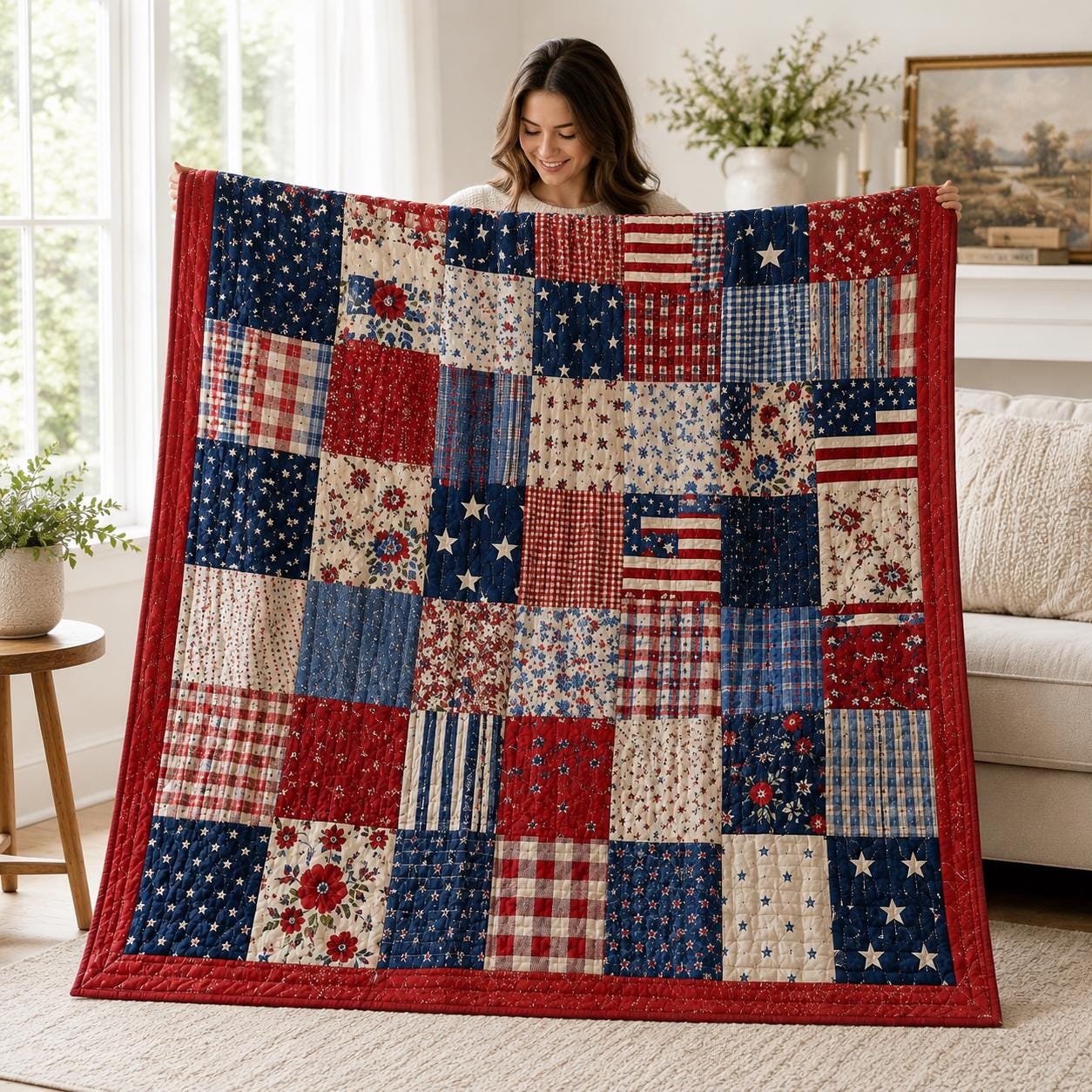 Patriotic Patchwork Quilt Style Blanket with Vintage Americana Cozy Throw and Red White Blue Farmhouse Bedding Decor for Fourth of July Gift for Home - photo 10