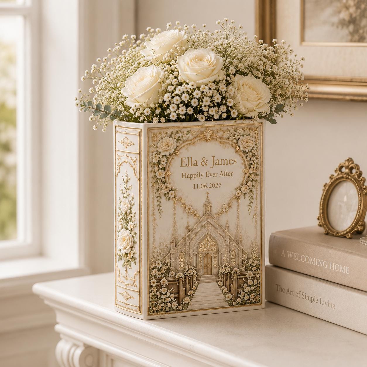 Personalized Wedding Book Vase with Custom Couple Name Ceramic Vase and Church Floral Bridal Shower Gift for Wedding Keepsake Decor