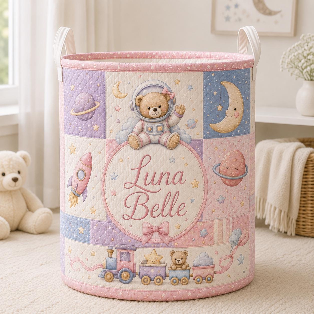 Personalized Baby Style Laundry Basket with Custom Bear Space Rocket Nursery Hamper, Astronaut Toy Storage and Baby Name Gift
