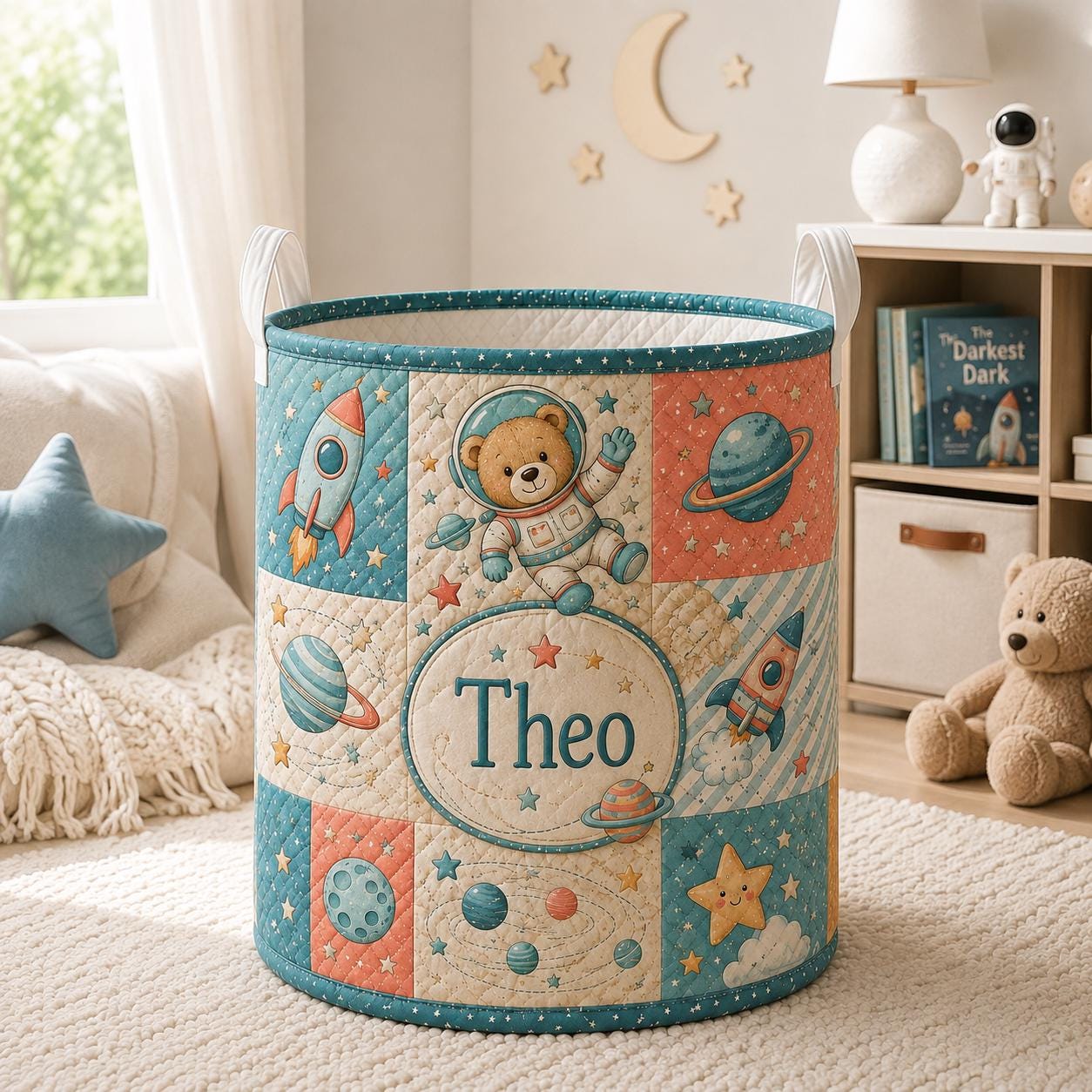 Personalized Baby Style Laundry Basket with Custom Bear Space Rocket Nursery Hamper, Astronaut Toy Storage and Baby Name Gift - photo 2