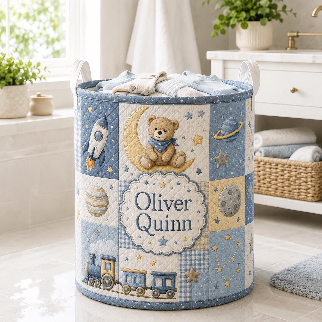 Personalized Baby Style Laundry Basket with Custom Bear Space Rocket Nursery Hamper, Astronaut Toy Storage and Baby Name Gift - photo 3