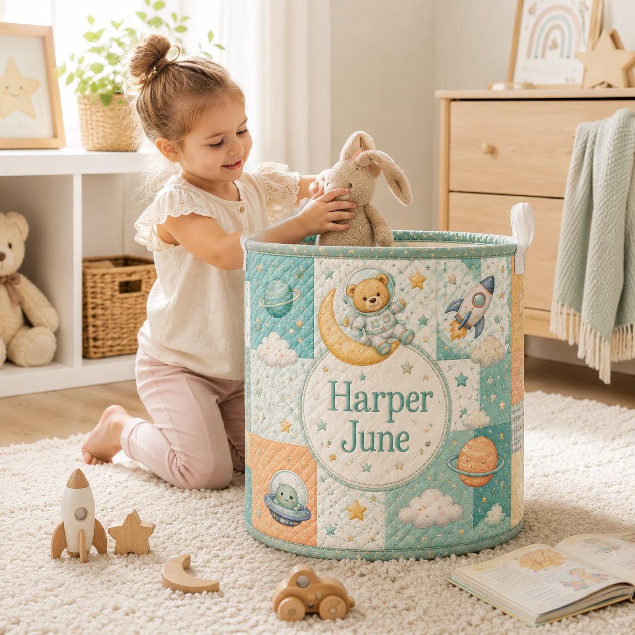 Personalized Baby Style Laundry Basket with Custom Bear Space Rocket Nursery Hamper, Astronaut Toy Storage and Baby Name Gift - photo 4