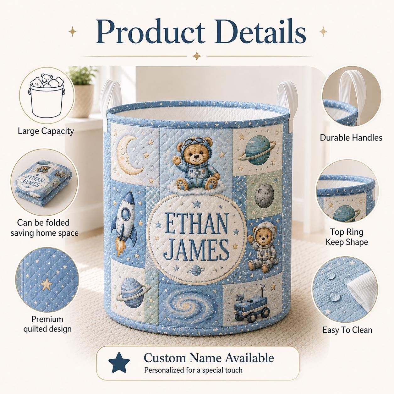 Personalized Baby Style Laundry Basket with Custom Bear Space Rocket Nursery Hamper, Astronaut Toy Storage and Baby Name Gift - photo 7