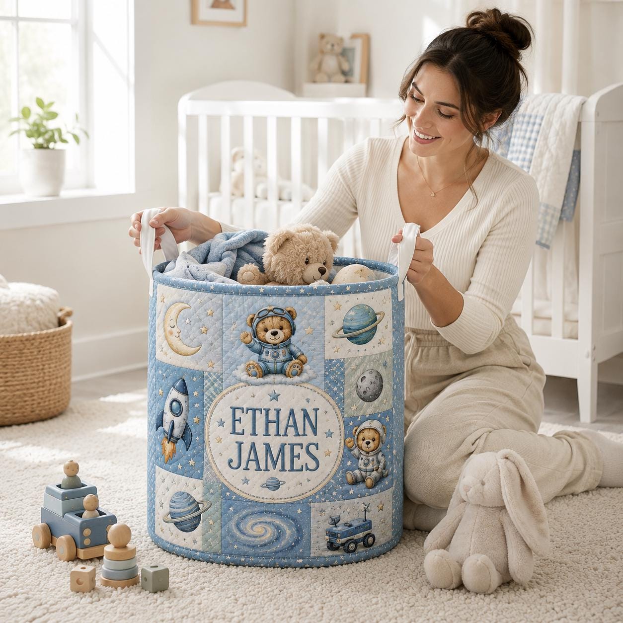 Personalized Baby Style Laundry Basket with Custom Bear Space Rocket Nursery Hamper, Astronaut Toy Storage and Baby Name Gift - photo 8
