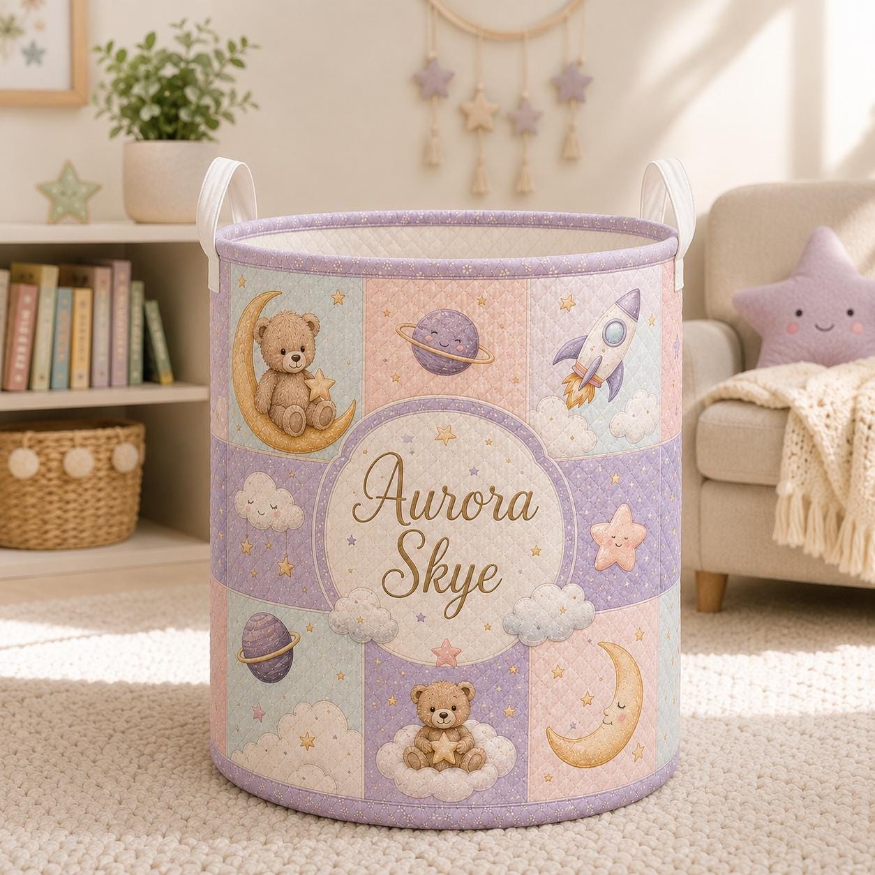 Personalized Baby Style Laundry Basket with Custom Bear Space Rocket Nursery Hamper, Astronaut Toy Storage and Baby Name Gift - photo 9