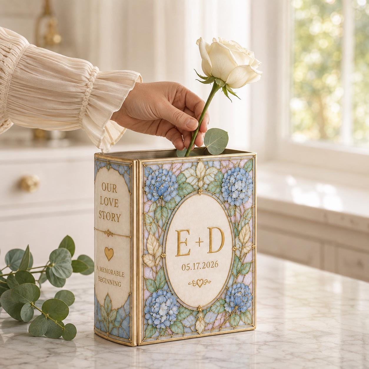 Personalized Wedding Book Vase with Custom Couple Initial Ceramic Vase and Blue Hydrangea Stained Glass Bridal Shower Gift for Wedding Decor