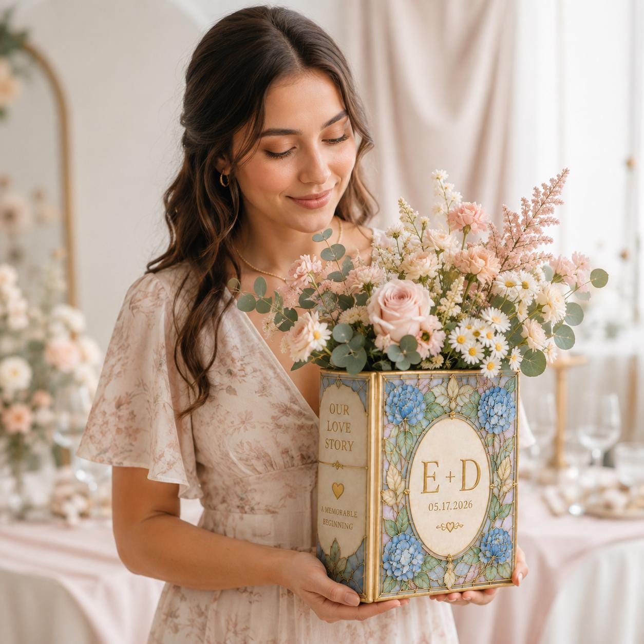 Personalized Wedding Book Vase with Custom Couple Initial Ceramic Vase and Blue Hydrangea Stained Glass Bridal Shower Gift for Wedding Decor - photo 2
