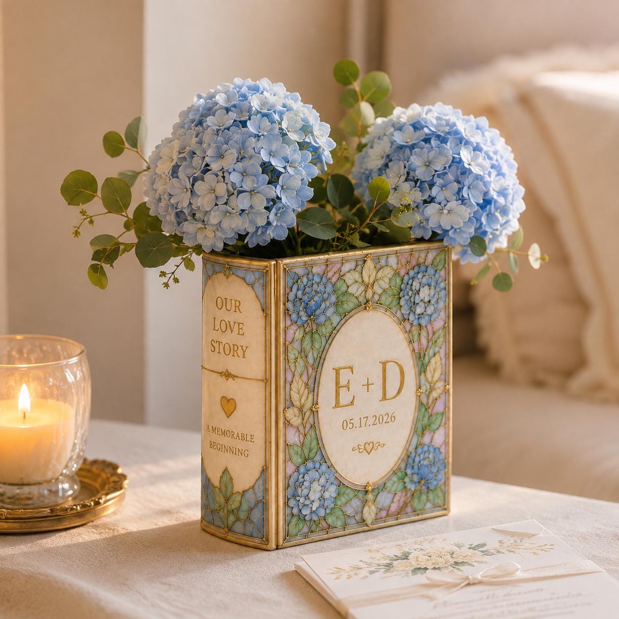 Personalized Wedding Book Vase with Custom Couple Initial Ceramic Vase and Blue Hydrangea Stained Glass Bridal Shower Gift for Wedding Decor - photo 5