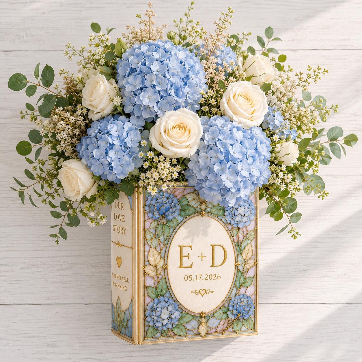 Personalized Wedding Book Vase with Custom Couple Initial Ceramic Vase and Blue Hydrangea Stained Glass Bridal Shower Gift for Wedding Decor - photo 6