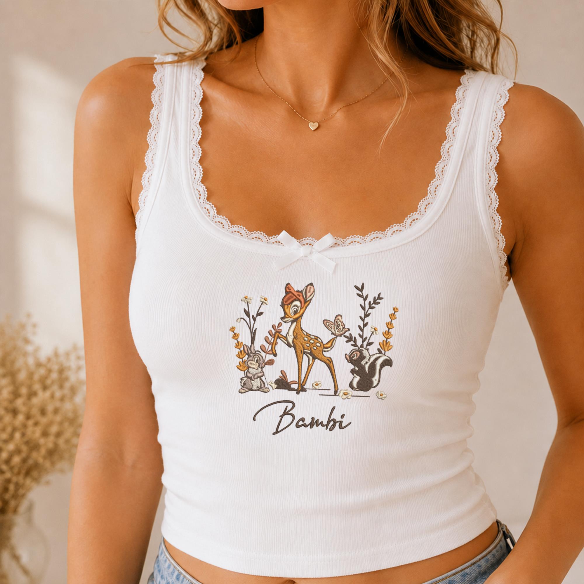 Bambi Friends Floral Embroidered Tank Top With Thumper and Flower – Woodland Lace Trim Crop Top and Disney Forest Shirt - photo 2