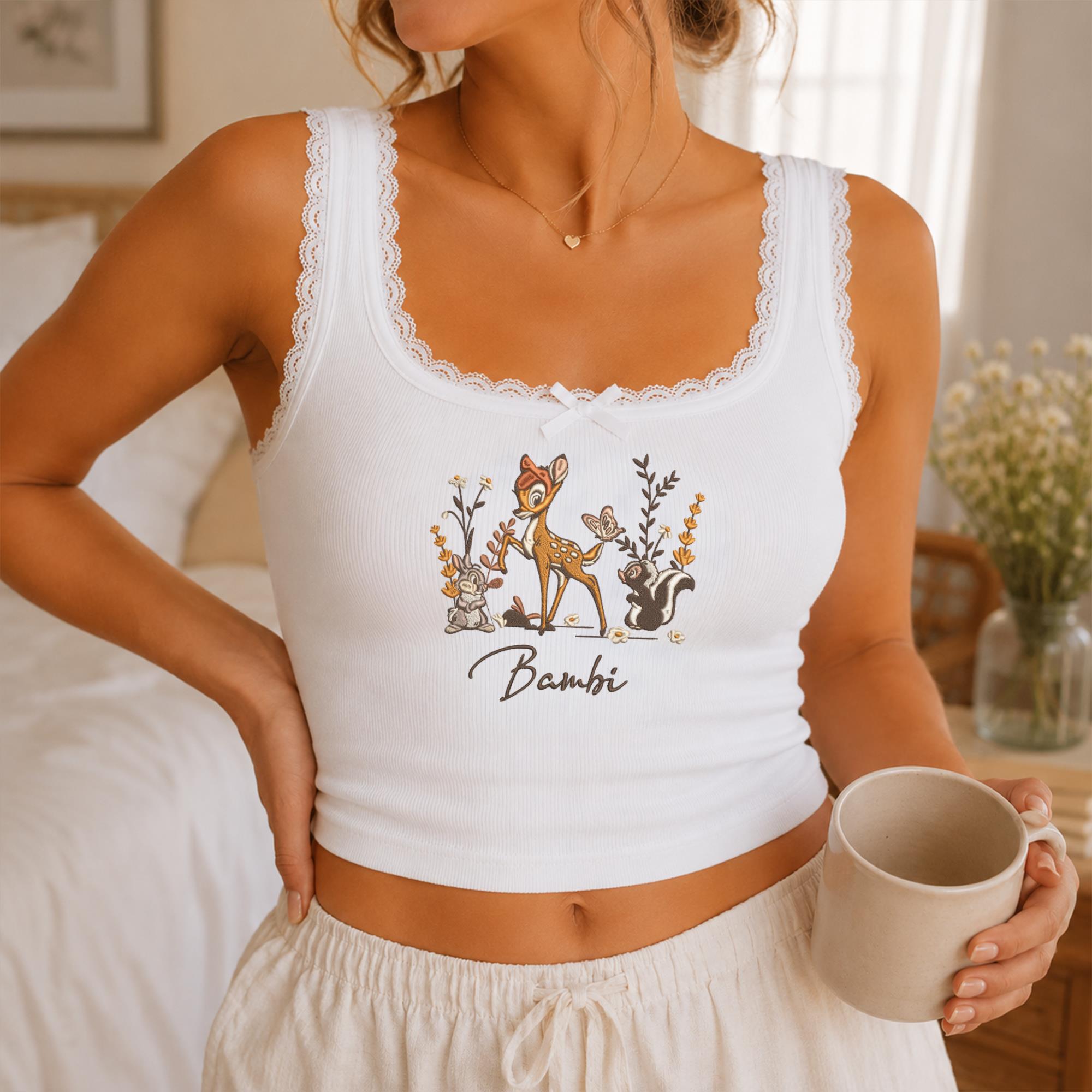 Bambi Friends Floral Embroidered Tank Top With Thumper and Flower – Woodland Lace Trim Crop Top and Disney Forest Shirt - photo 4