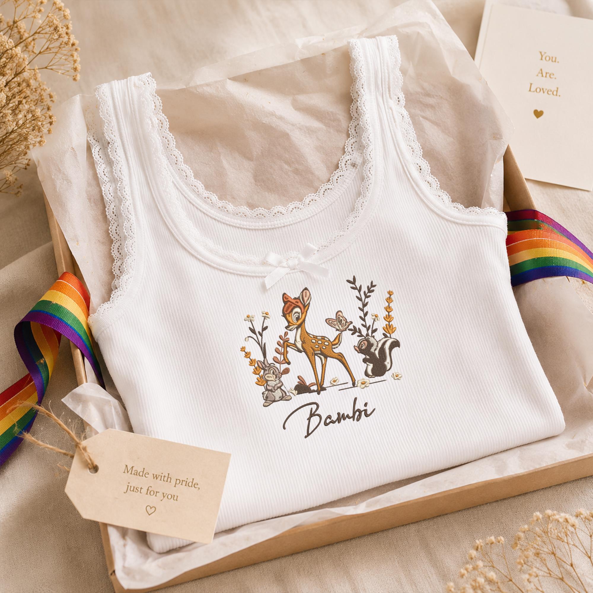 Bambi Friends Floral Embroidered Tank Top With Thumper and Flower – Woodland Lace Trim Crop Top and Disney Forest Shirt - photo 8
