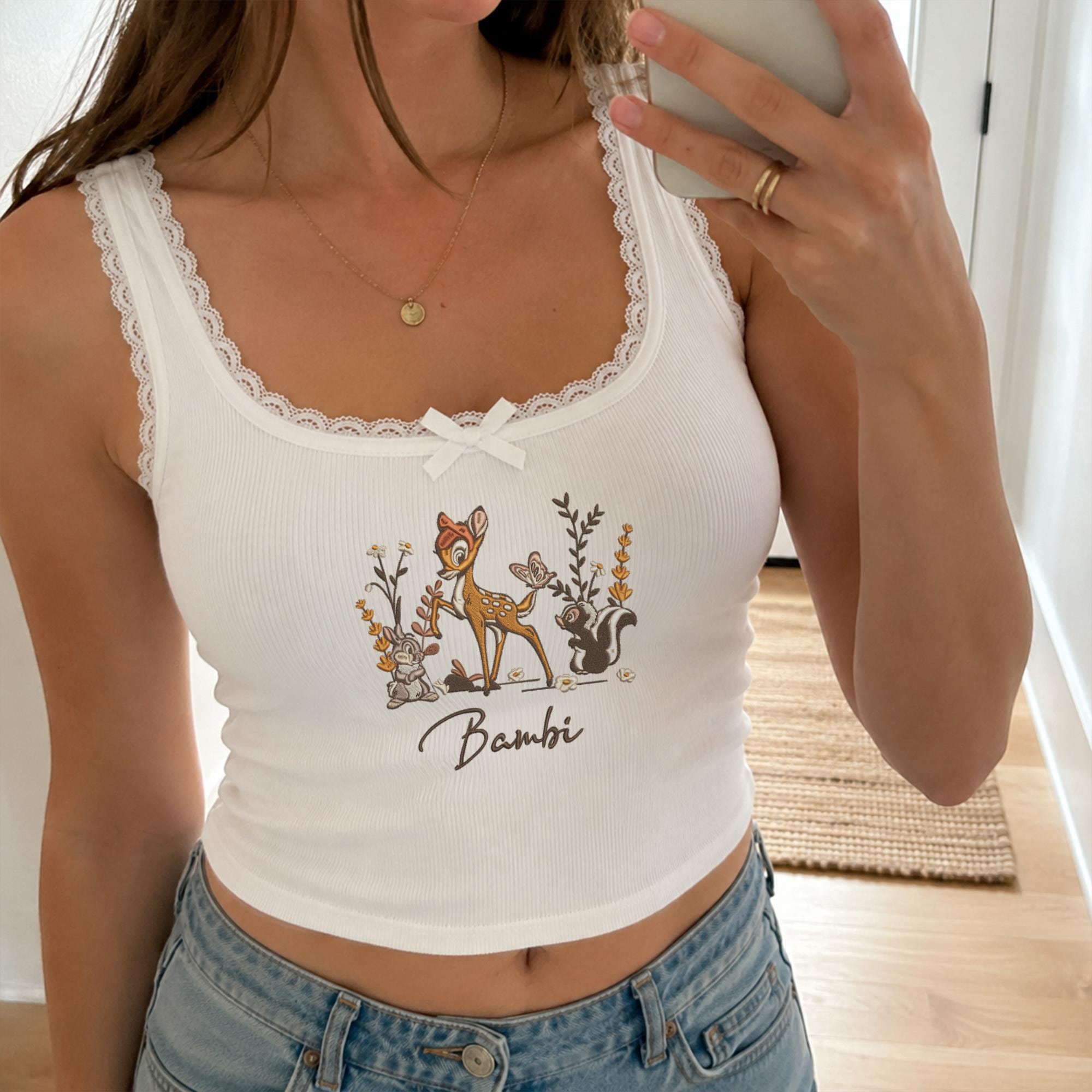 Bambi Friends Floral Embroidered Tank Top With Thumper and Flower – Woodland Lace Trim Crop Top and Disney Forest Shirt - photo 9