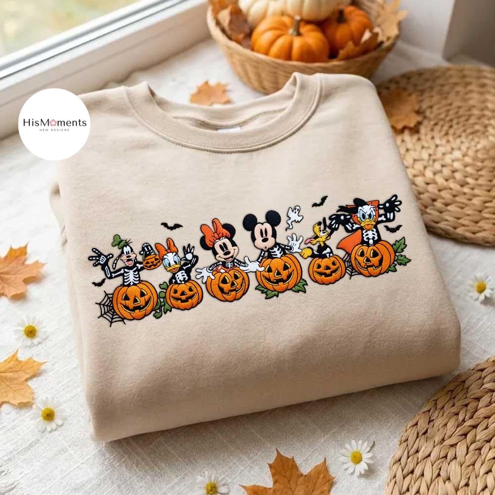 Embroidered Mickey and Friends Skeleton Pumpkin Sweatshirt and Lace Trim Tank Top – Disney Halloween Fall Autumn Vibes Crop Top