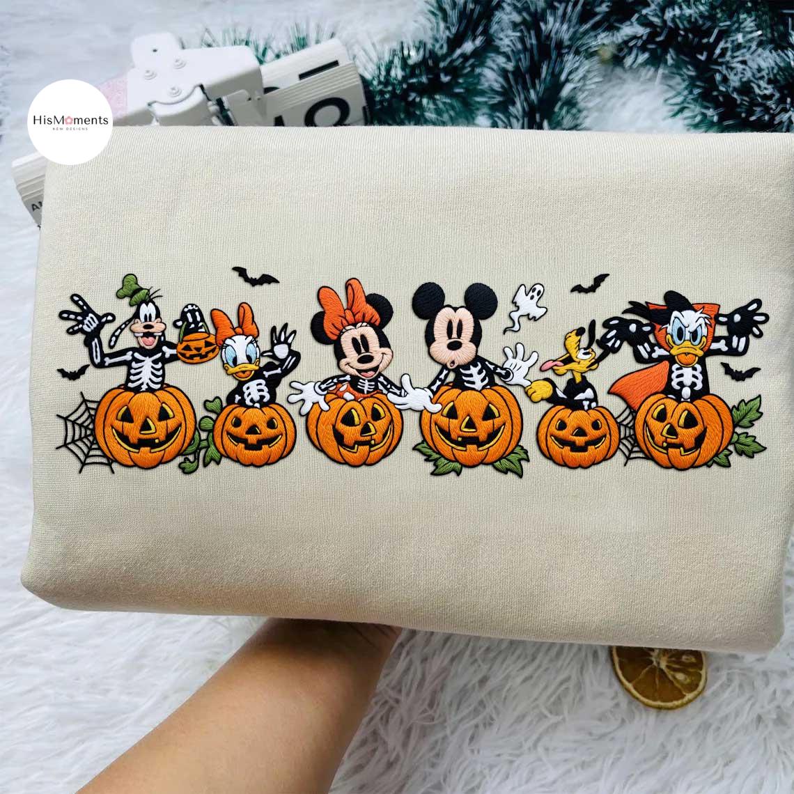 Embroidered Mickey and Friends Skeleton Pumpkin Sweatshirt and Lace Trim Tank Top – Disney Halloween Fall Autumn Vibes Crop Top - photo 2