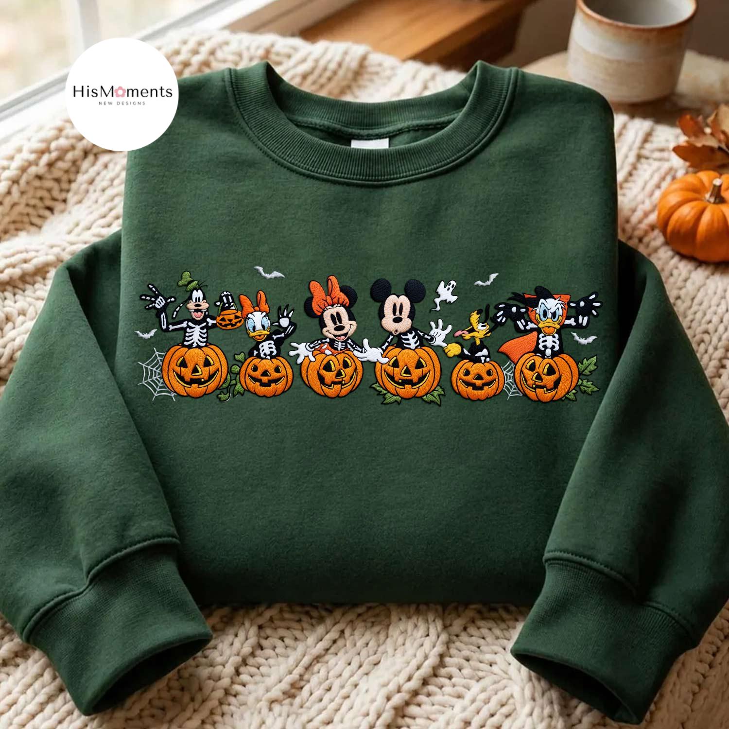 Embroidered Mickey and Friends Skeleton Pumpkin Sweatshirt and Lace Trim Tank Top – Disney Halloween Fall Autumn Vibes Crop Top - photo 3