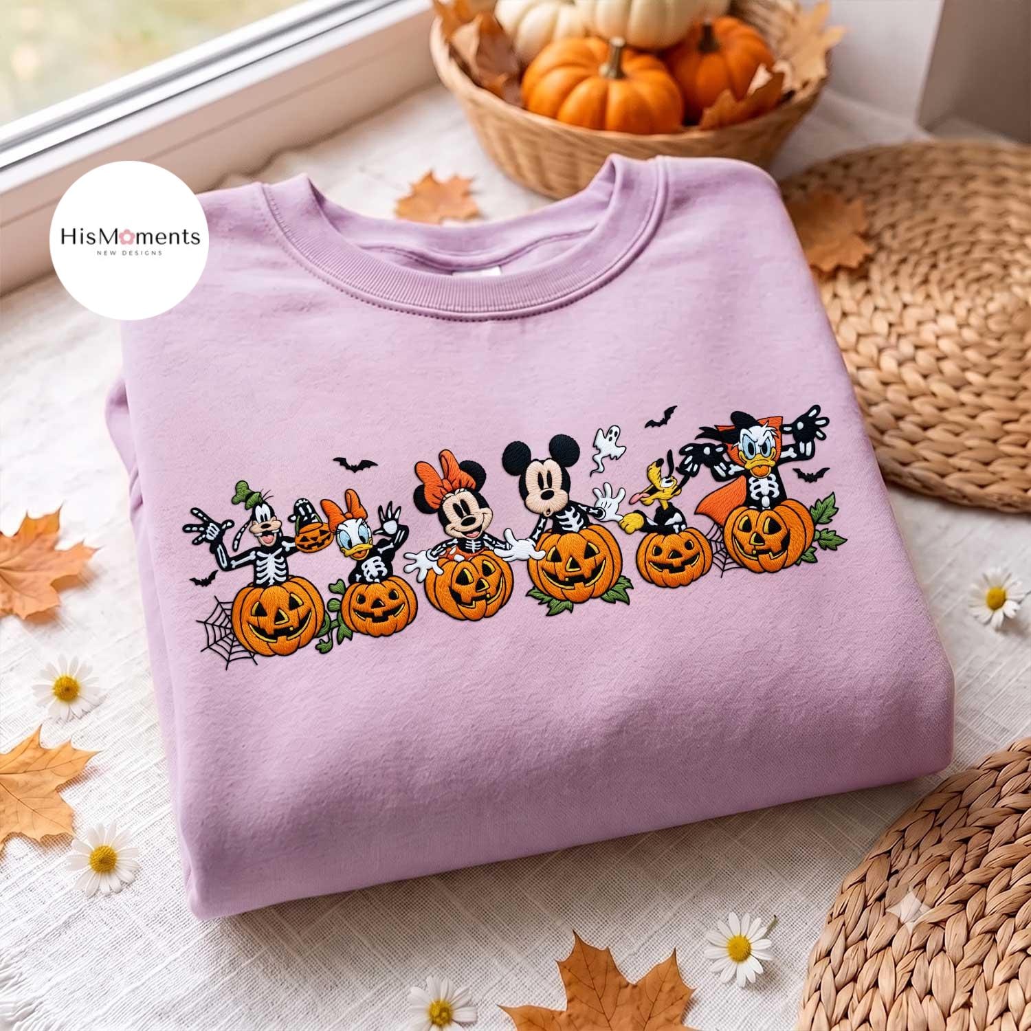 Embroidered Mickey and Friends Skeleton Pumpkin Sweatshirt and Lace Trim Tank Top – Disney Halloween Fall Autumn Vibes Crop Top - photo 4